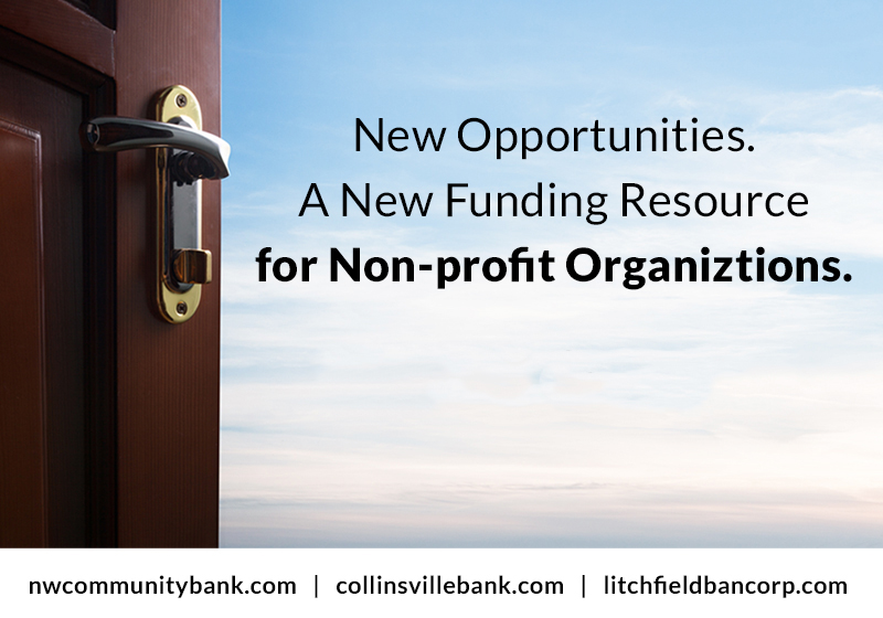 Door with text "New Opportunities. A New Funding Resource for Non-profit Organiztions."