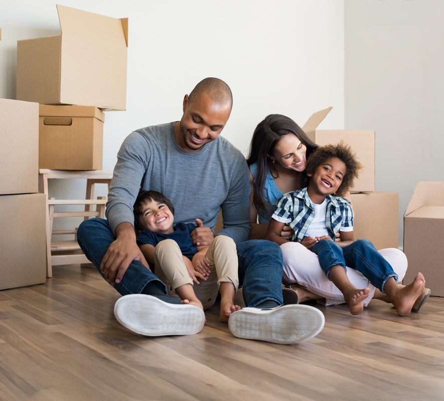 Box, keys and portrait of couple in new home excited for property, apartment and real estate investment. Relationship, moving day and man and woman with key and boxes for relocation, move and house.